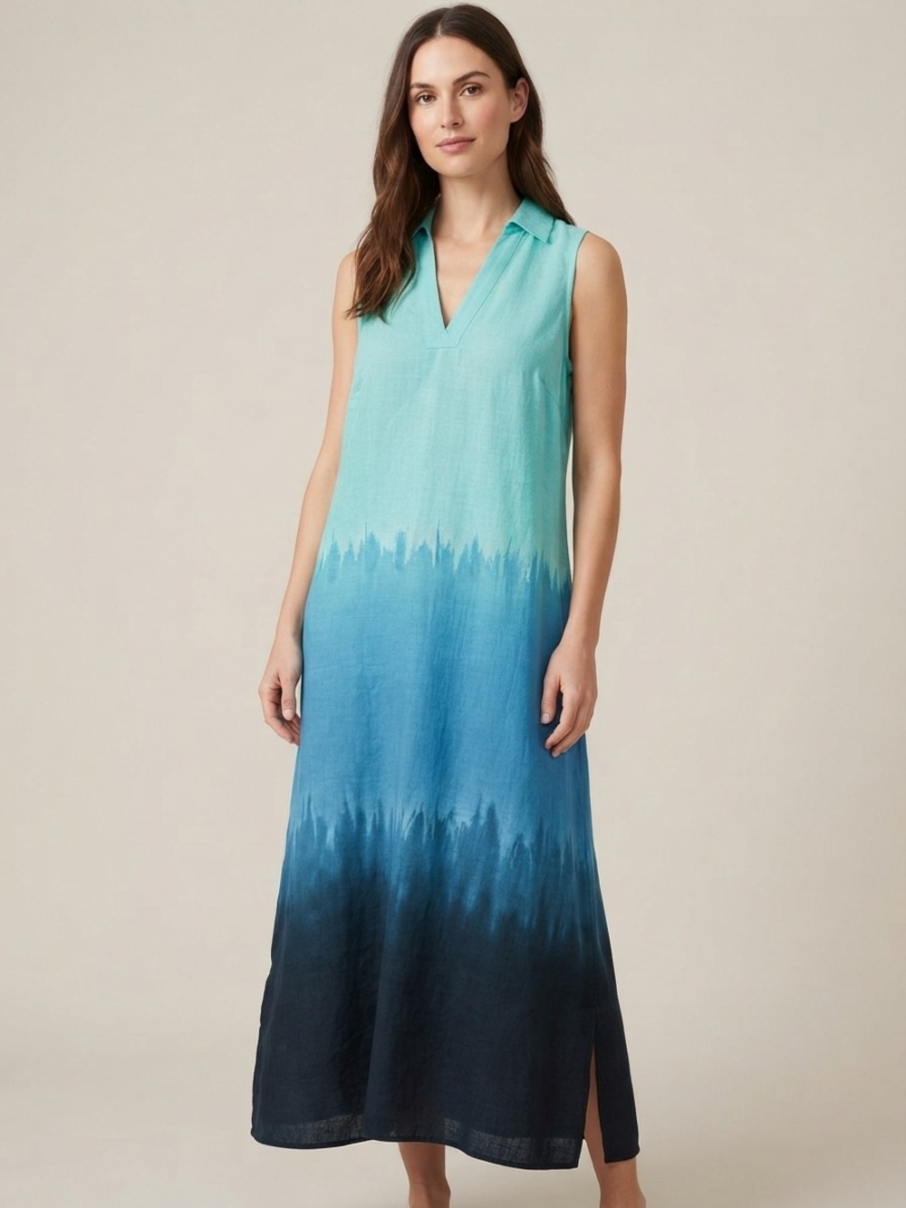NWT London Times Aqua Teal Blue Ombre Linen Blend Midi Dress Sz M
